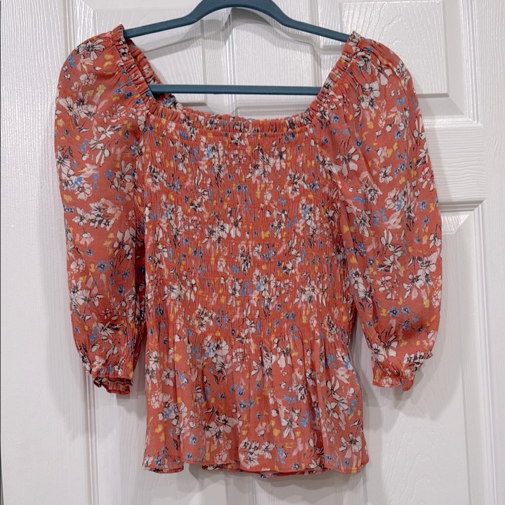 NANETTE - Floral Smocked Women's Top - Orange
